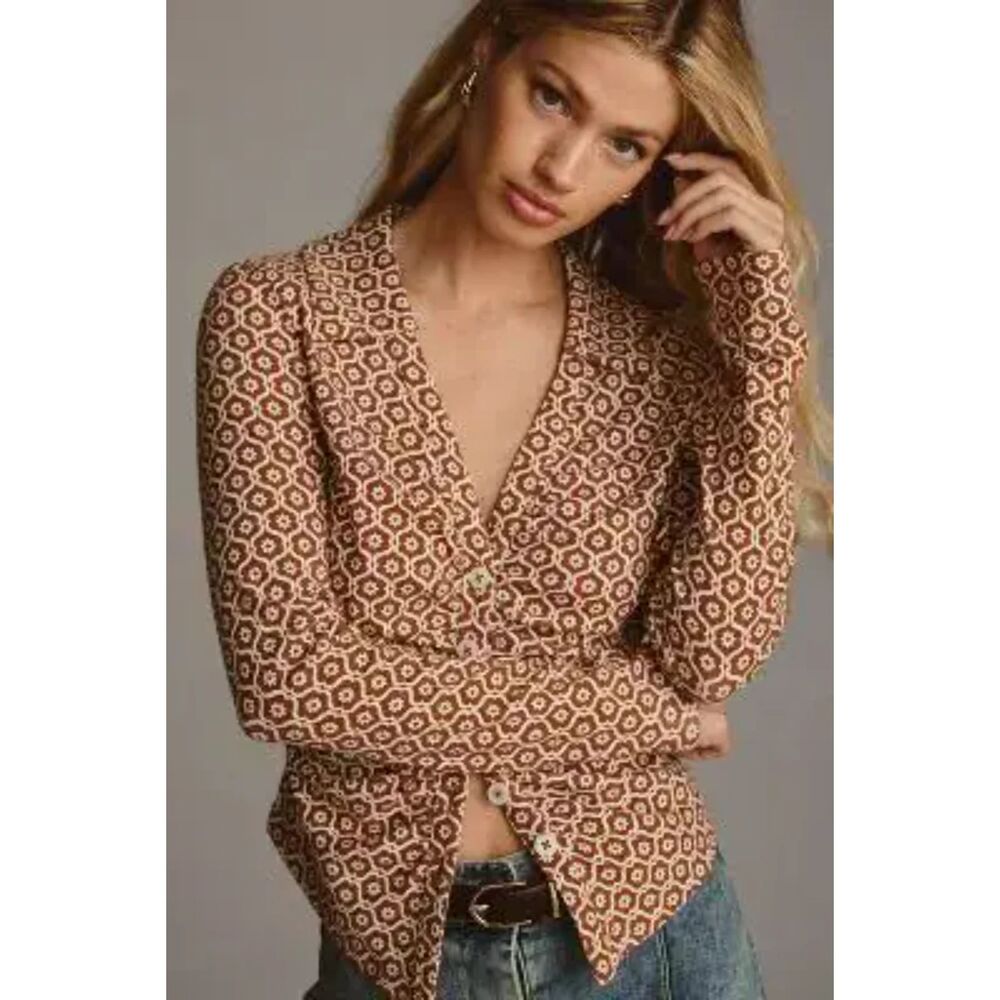 Maeve Anthropologie Brown Geometric Ruched Button Front Shirt Boho Medium Retro